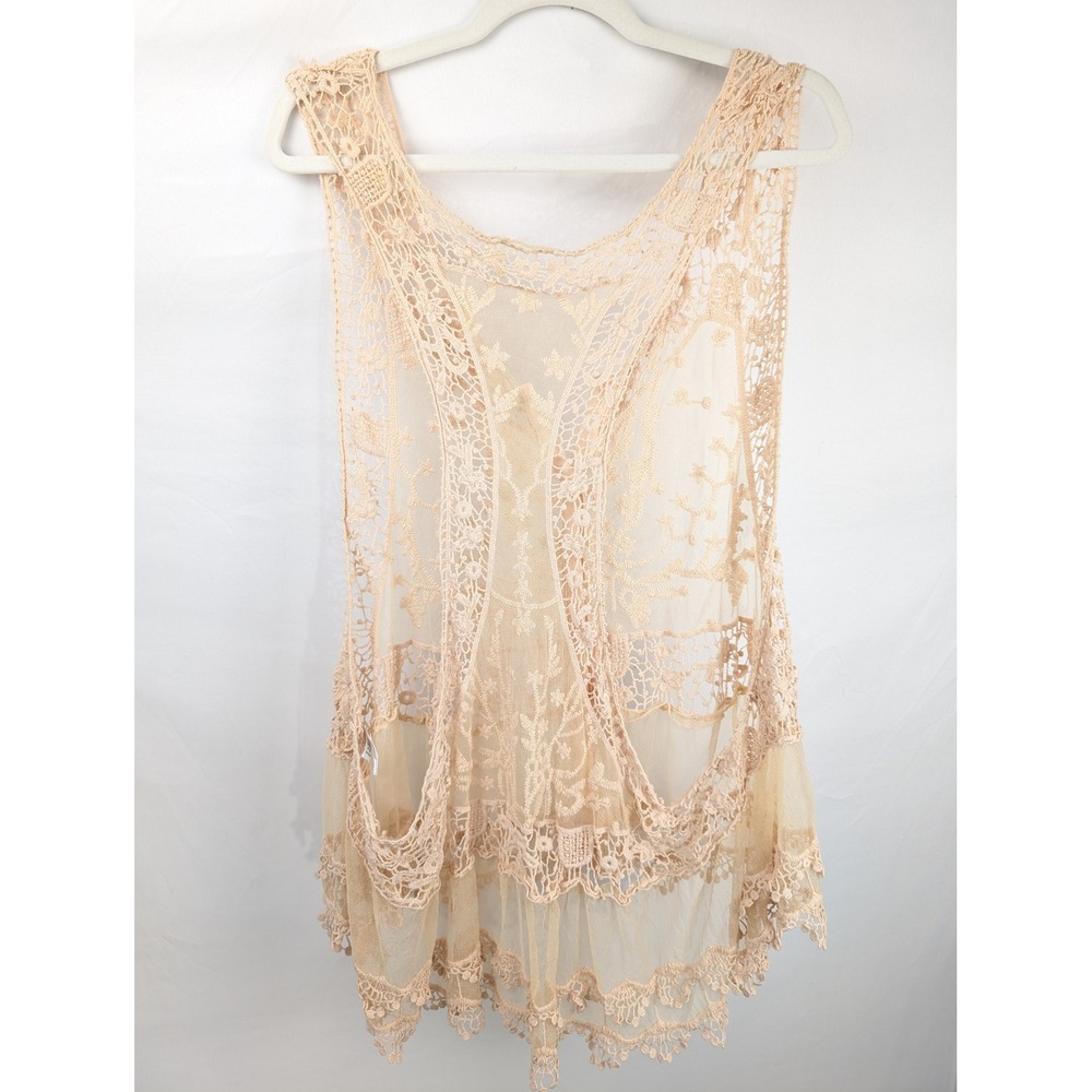 Vintage Y2K Floral Fairy Lace Button Tank Sheer Mesh Layer Boho Indie Romantic - Picture 7 of 9